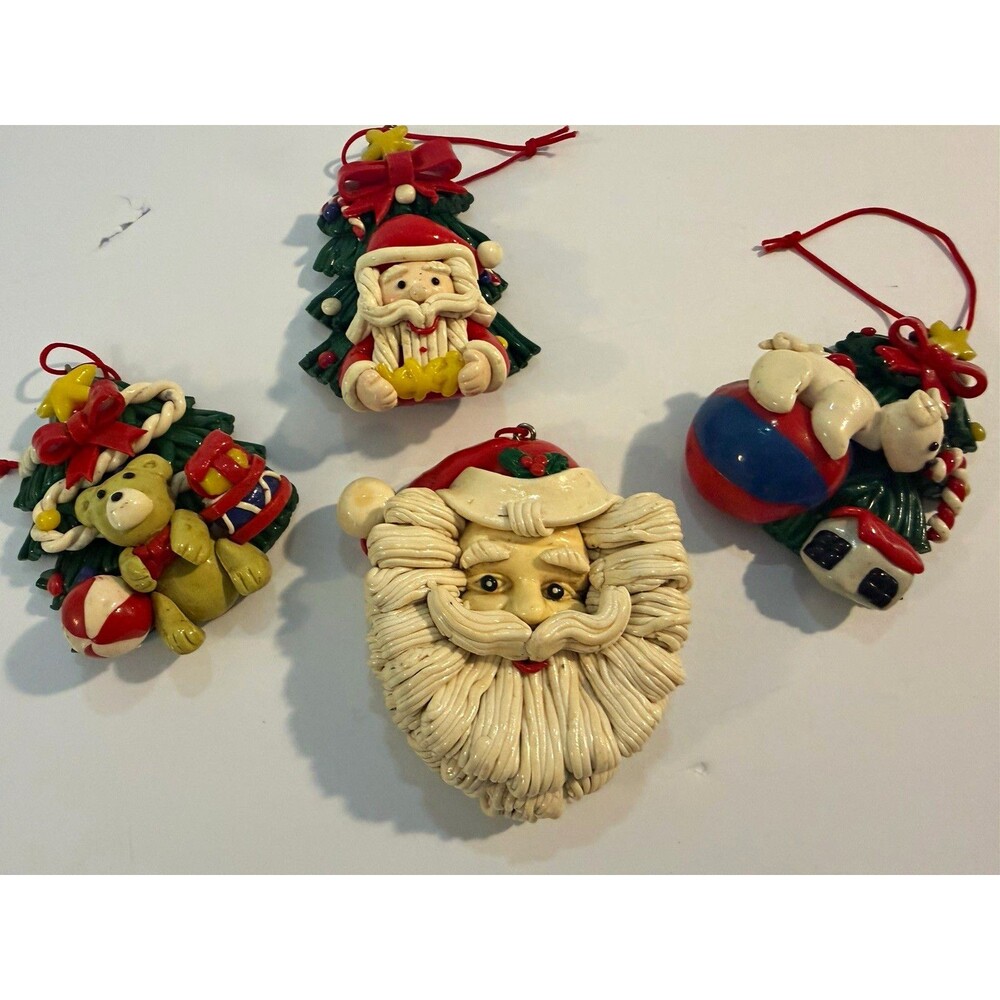 Vintage Polymer Clay Christmas Ornament Lot 4pc Holiday Nostalgic